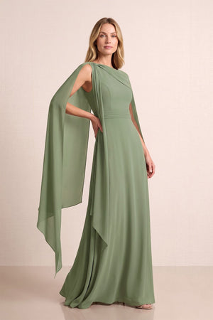 Dusty Sage A-Line Cape Sleeves Chiffon Mother of the Bride Dress | KISSBRIDAL