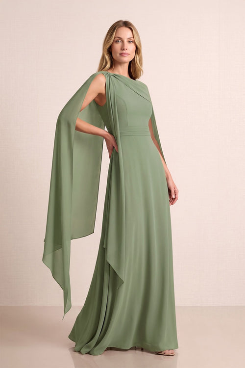 Dusty Sage A-Line Cape Sleeves Chiffon Mother of the Bride Dress | KISSBRIDAL