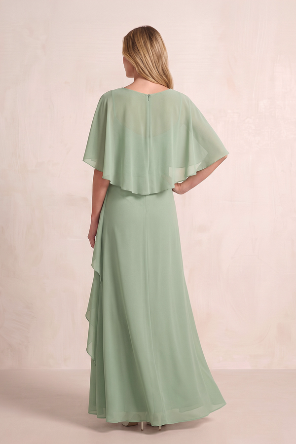 Dusty Sage A-Line Ruffled Chiffon Mother of the Bride Dress With Cape Sleeves (2) | KISSBRIDAL