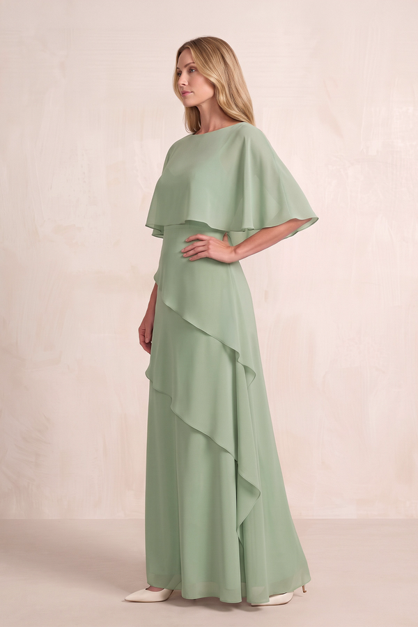 Dusty Sage A-Line Ruffled Chiffon Mother of the Bride Dress With Cape Sleeves (3) | KISSBRIDAL