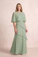 Dusty Sage A-Line Ruffled Chiffon Mother of the Bride Dress With Cape Sleeves | KISSBRIDAL