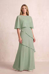Dusty Sage A-Line Ruffled Chiffon Mother of the Bride Dress With Cape Sleeves | KISSBRIDAL