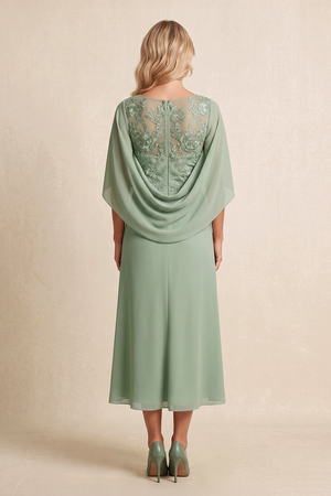 Dusty Sage Cape Sleeves Chiffon A-Line Embroidered Mother of the Bride Dress (2) | KISSBRIDAL