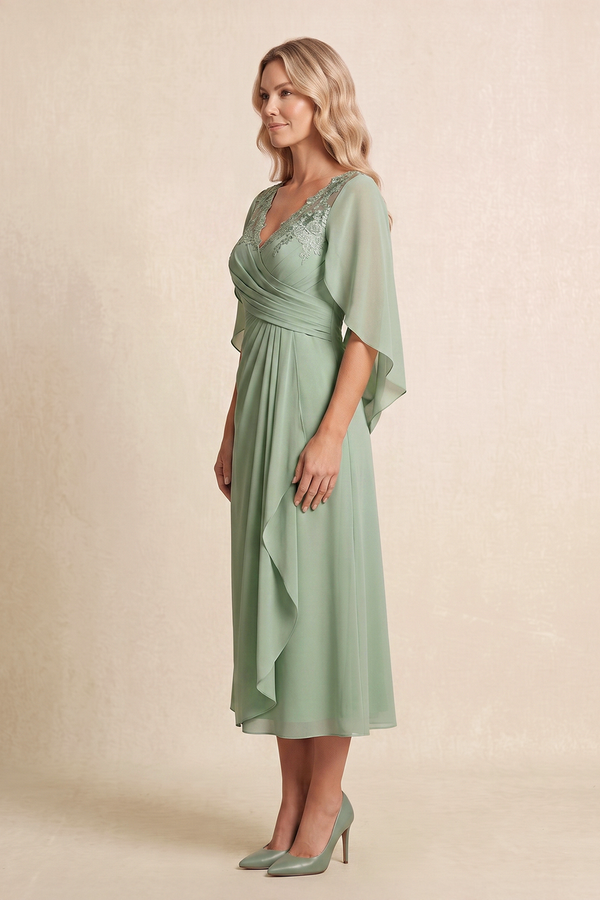 Dusty Sage Cape Sleeves Chiffon A-Line Embroidered Mother of the Bride Dress (3) | KISSBRIDAL