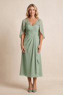Dusty Sage Cape Sleeves Chiffon A-Line Embroidered Mother of the Bride Dress | KISSBRIDAL