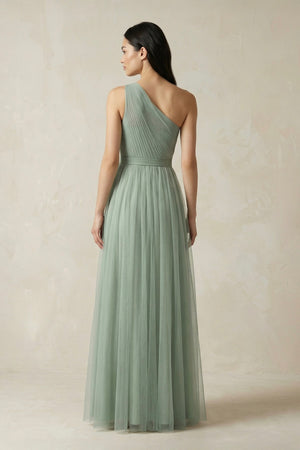Dusty Sage One-Shoulder Tulle Pleated A-Line Bridesmaid Dress (2) | KISSBRIDAL