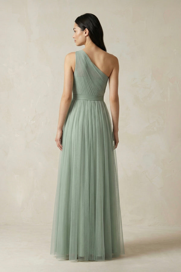 Dusty Sage One-Shoulder Tulle Pleated A-Line Bridesmaid Dress (2) | KISSBRIDAL