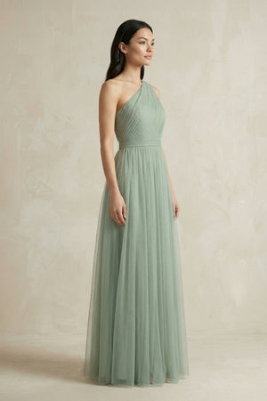 Dusty Sage One-Shoulder Tulle Pleated A-Line Bridesmaid Dress (3) | KISSBRIDAL
