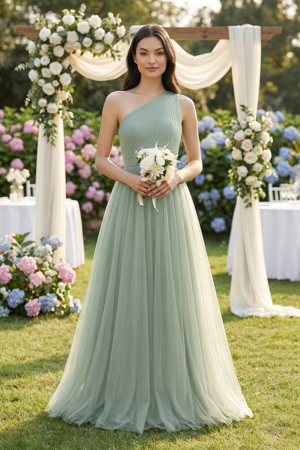Dusty Sage One-Shoulder Tulle Pleated A-Line Bridesmaid Dress (4) | KISSBRIDAL
