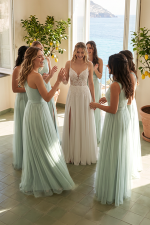 Dusty Sage One-Shoulder Tulle Pleated A-Line Bridesmaid Dress (5) | KISSBRIDAL