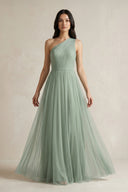 Dusty Sage One-Shoulder Tulle Pleated A-Line Bridesmaid Dress | KISSBRIDAL