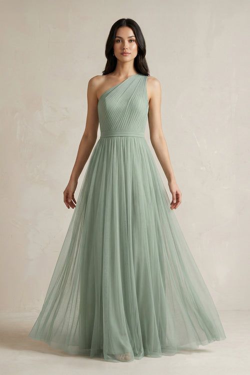 Dusty Sage One-Shoulder Tulle Pleated A-Line Bridesmaid Dress | KISSBRIDAL