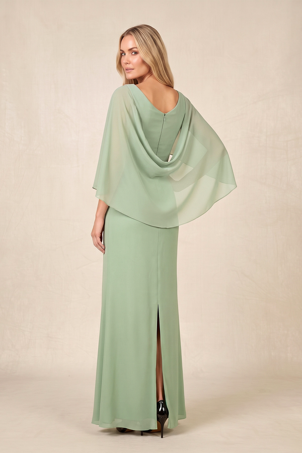Dusty Sage Round Neck Sheath Chiffon Cape Sleeves Ruched Mother of the Bride Dress (2) | KISSBRIDAL