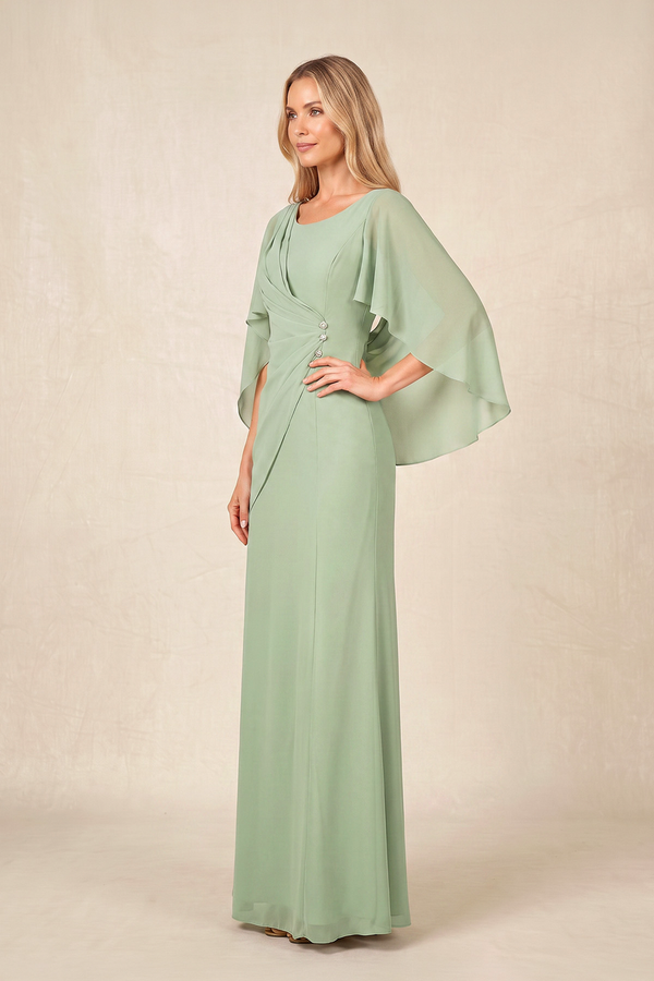 Dusty Sage Round Neck Sheath Chiffon Cape Sleeves Ruched Mother of the Bride Dress (3) | KISSBRIDAL