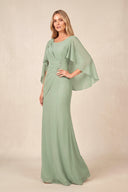 Dusty Sage Round Neck Sheath Chiffon Cape Sleeves Ruched Mother of the Bride Dress | KISSBRIDAL