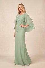 Dusty Sage Round Neck Sheath Chiffon Cape Sleeves Ruched Mother of the Bride Dress | KISSBRIDAL