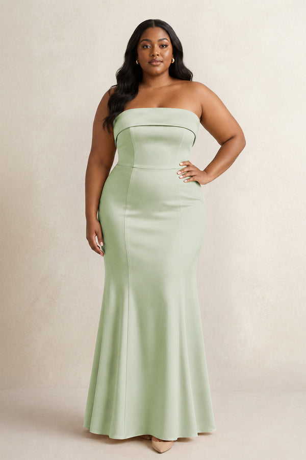 Dusty Sage Strapless Satin Mermaid Bridesmaid Dress (3) [sizeplus] | KISSBRIDAL