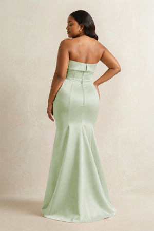 Dusty Sage Strapless Satin Mermaid Bridesmaid Dress (4) [sizeplus] | KISSBRIDAL