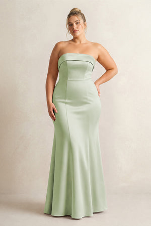 Dusty Sage Strapless Satin Mermaid Bridesmaid Dress [sizeplus] | KISSBRIDAL