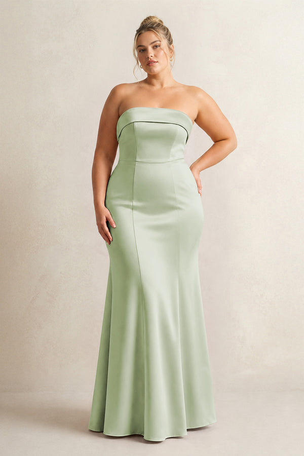 Dusty Sage Strapless Satin Mermaid Bridesmaid Dress [sizeplus] | KISSBRIDAL