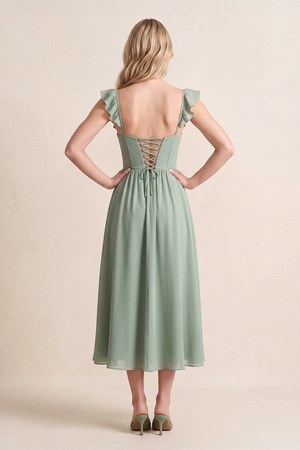 Dusty Sage Sweetheart A-Line Chiffon Midi Wedding Guest Dress with Slit and Ruffled Sleeves (2) | KISSBRIDAL