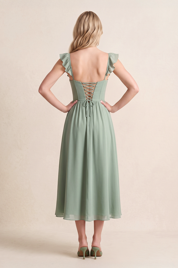 Dusty Sage Sweetheart A-Line Chiffon Midi Wedding Guest Dress with Slit and Ruffled Sleeves (2) | KISSBRIDAL