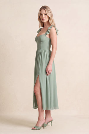 Dusty Sage Sweetheart A-Line Chiffon Midi Wedding Guest Dress with Slit and Ruffled Sleeves (3) | KISSBRIDAL