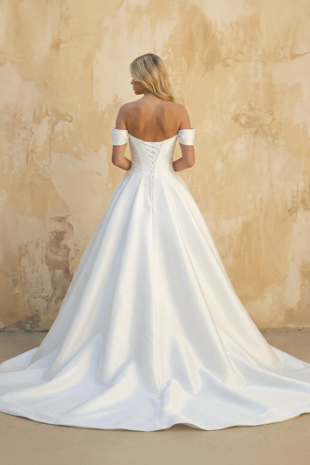 A - Line Off the Shoulder Satin Wedding Dresses in White - KISS BRIDAL Wedding Dresses