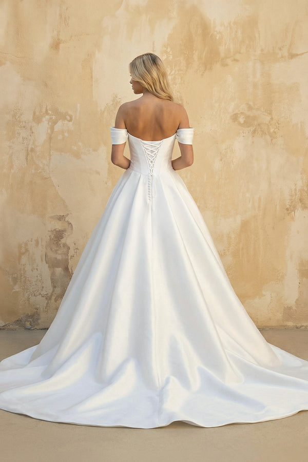 A - Line Off the Shoulder Satin Wedding Dresses in White - KISS BRIDAL Wedding Dresses