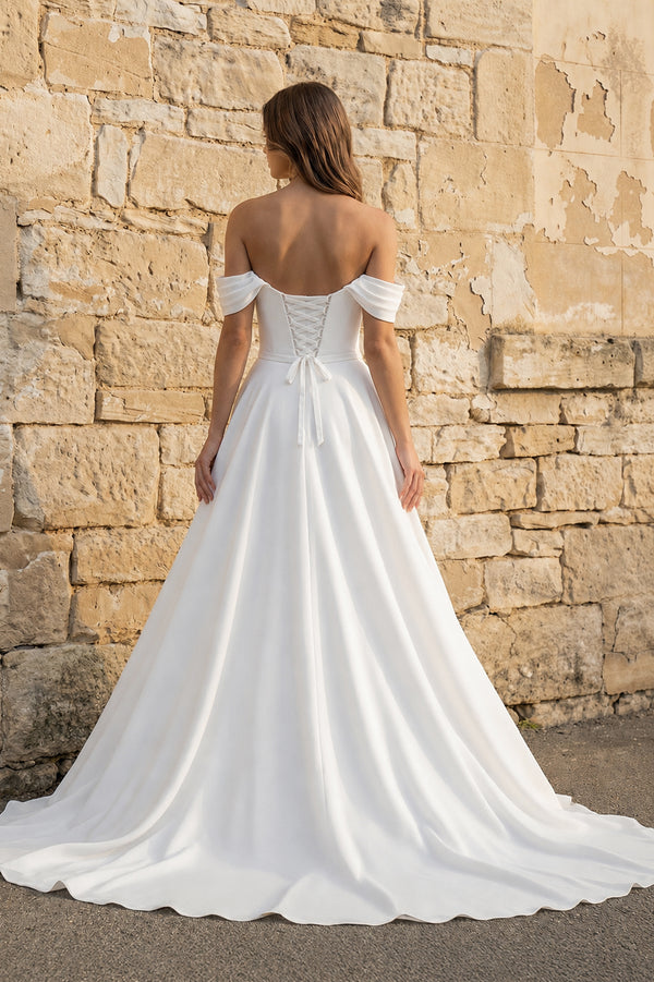 Off The Shoulder Chiffon Wedding Dress With Slit in White - KISS BRIDAL Wedding Dresses