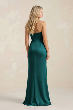 Emerald Cowl Neck Sheath Satin Bridesmaid Dress With Detachable Sleeves | KISSBRIDAL