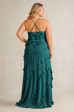 Emerald Spaghetti Straps Sheath Stain Ruffled Bridesmaid Dress (2) | KISSBRIDAL[sizeplus]