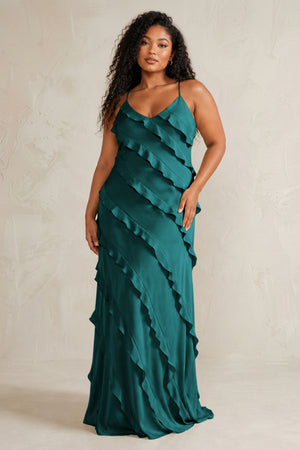 Emerald Spaghetti Straps Sheath Stain Ruffled Bridesmaid Dress (3) | KISSBRIDAL[sizeplus]
