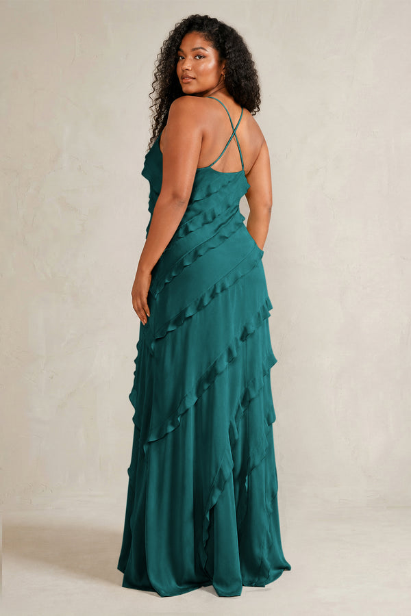 Emerald Spaghetti Straps Sheath Stain Ruffled Bridesmaid Dress (4) | KISSBRIDAL[sizeplus]