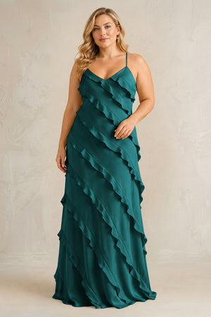 Emerald Spaghetti Straps Sheath Stain Ruffled Bridesmaid Dress | KISSBRIDAL[sizeplus]