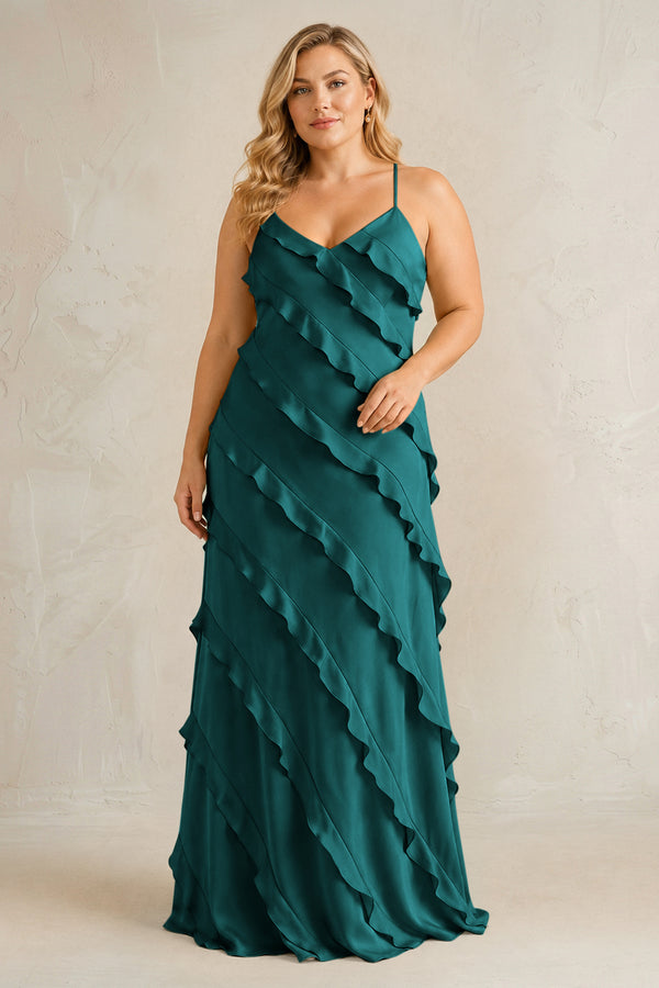 Emerald Spaghetti Straps Sheath Stain Ruffled Bridesmaid Dress | KISSBRIDAL[sizeplus]