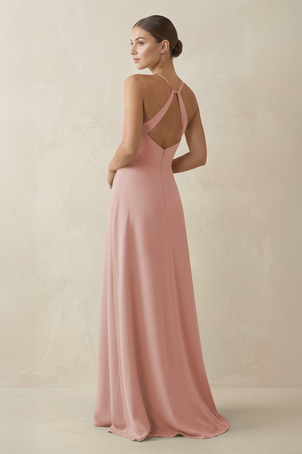 A-Line Chiffon Long Bridesmaid Dress With Slit in English Rose