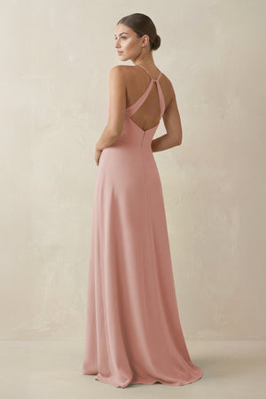 English Rose A-Line Chiffon Long Bridesmaid Dress With Slit (2) | KISSBRIDAL