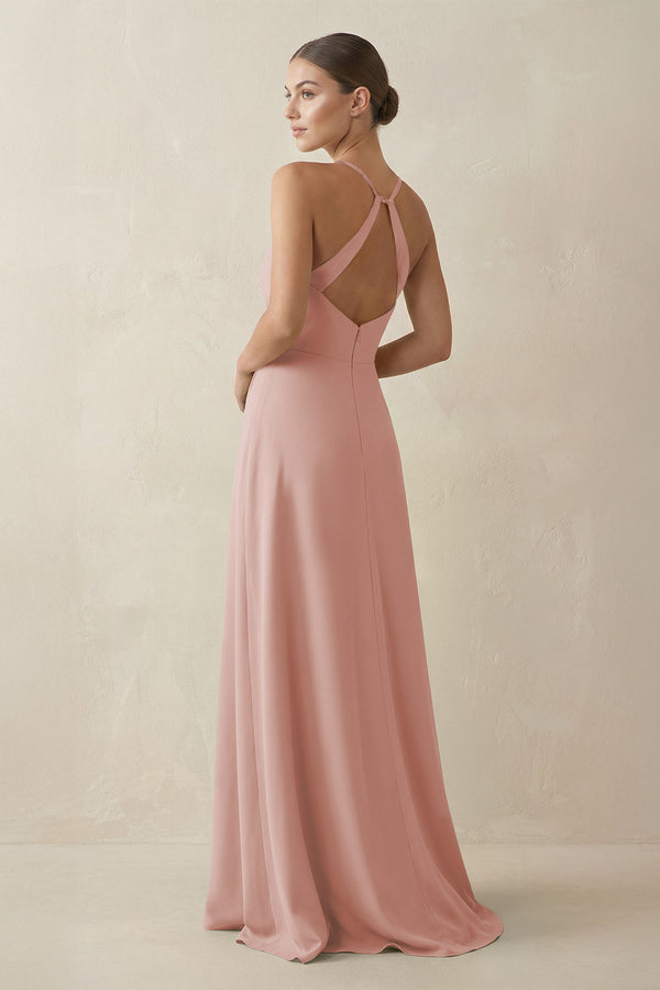 English Rose A-Line Chiffon Long Bridesmaid Dress With Slit (2) | KISSBRIDAL