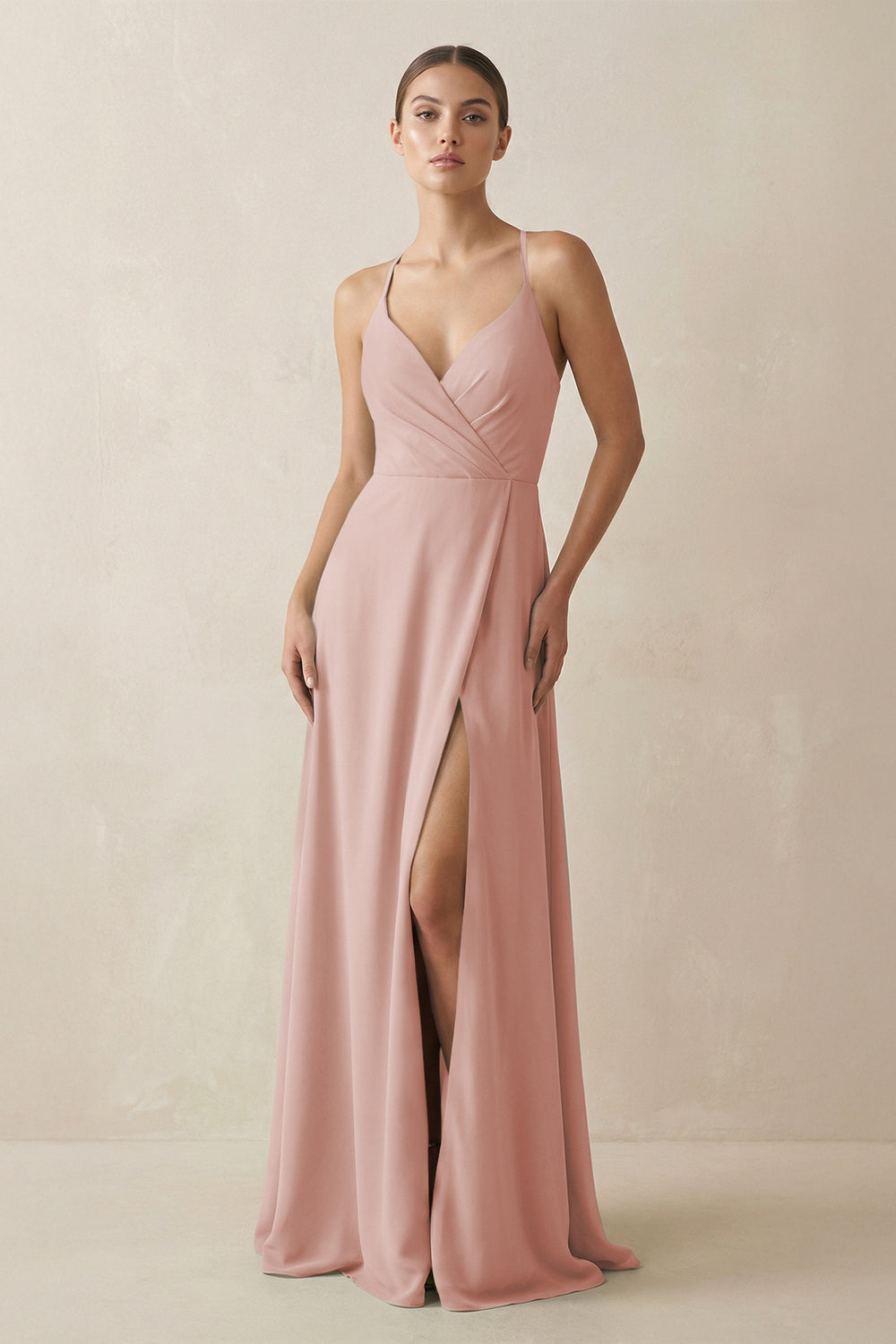 A-Line Chiffon Long Bridesmaid Dress With Slit in English Rose