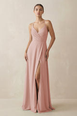 English Rose A-Line Chiffon Long Bridesmaid Dress With Slit | KISSBRIDAL