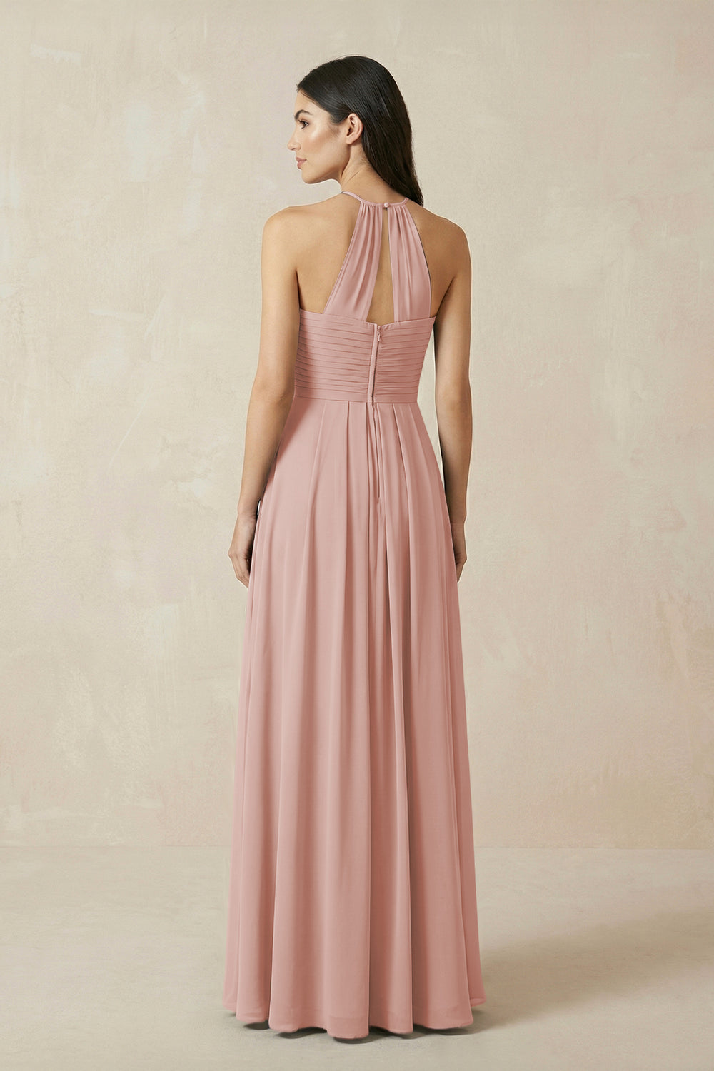A-Line Halter Neck Pleated Chiffon Bridesmaid Dress in English Rose