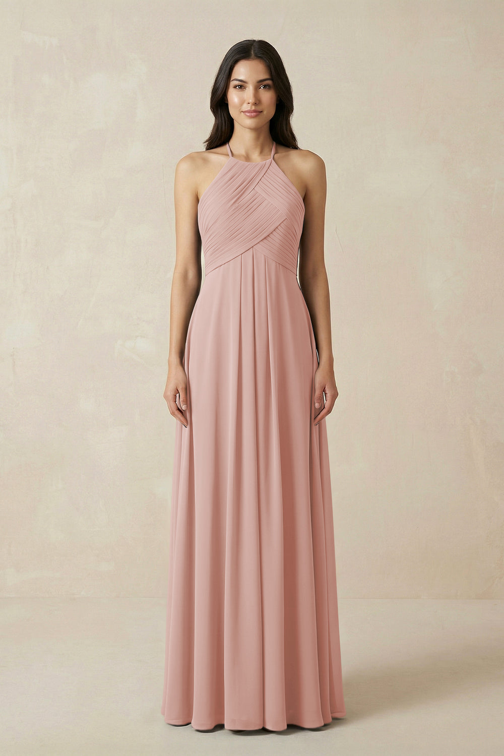 A-Line Halter Neck Pleated Chiffon Bridesmaid Dress in English Rose