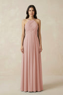 English Rose A-Line Halter Neck Pleated Chiffon Bridesmaid Dress | KISSBRIDAL