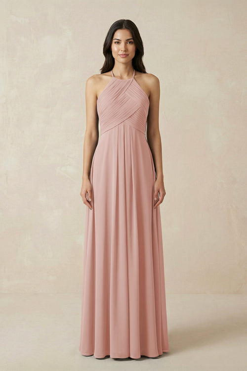 English Rose A-Line Halter Neck Pleated Chiffon Bridesmaid Dress | KISSBRIDAL
