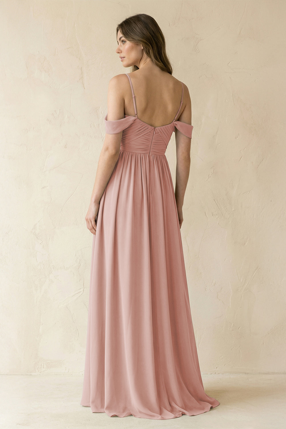 A-Line Off-the-Shoulder Pleated Chiffon Bridesmaid Dress in English Rose