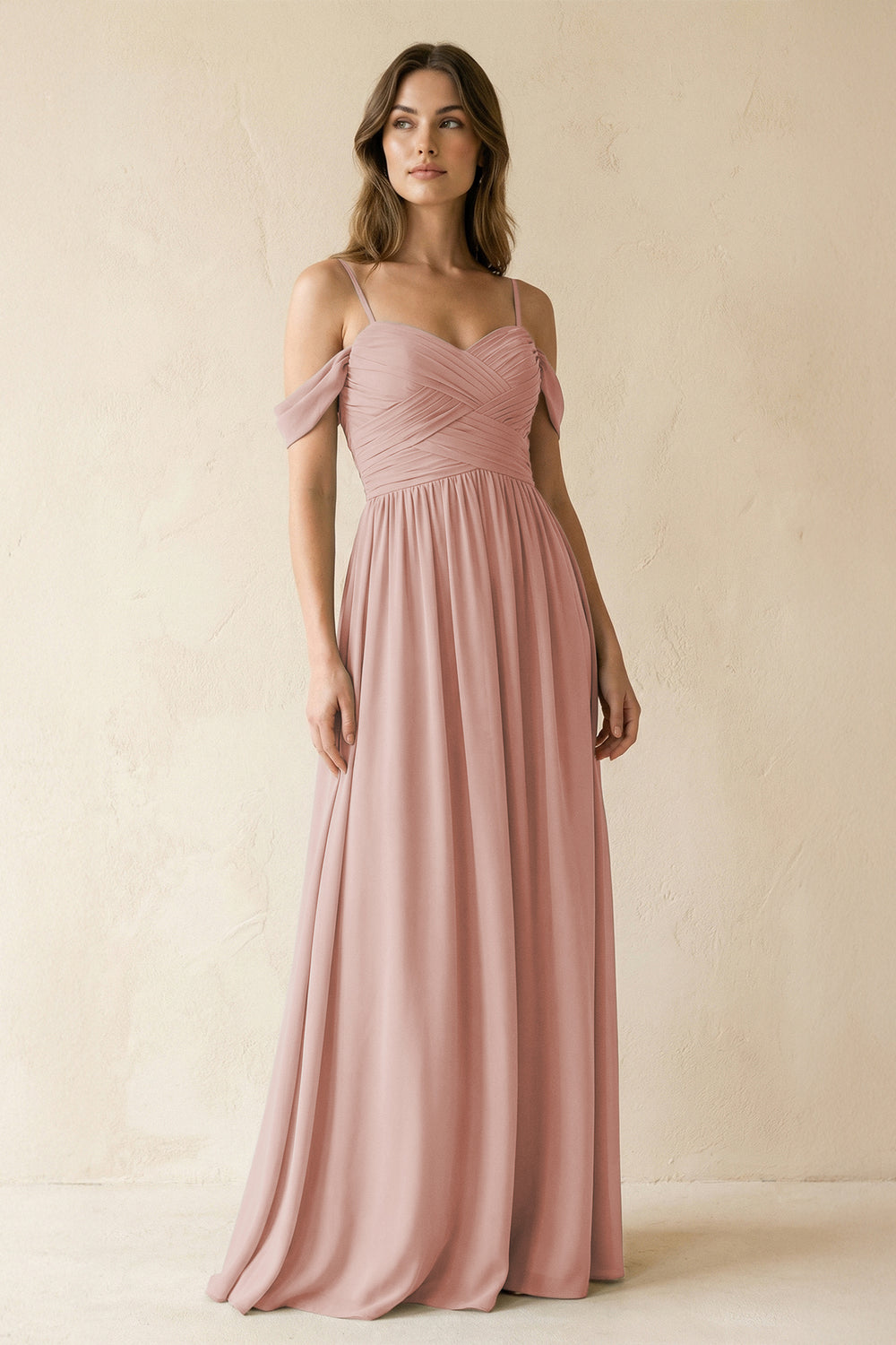 A-Line Off-the-Shoulder Pleated Chiffon Bridesmaid Dress in English Rose