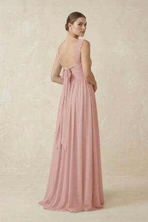 English Rose A-Line Pleated Chiffon Long Bridesmaid Dress (2) | KISSBRIDAL