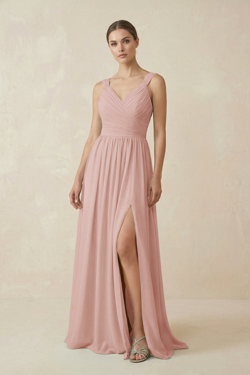 English Rose A-Line Pleated Chiffon Long Bridesmaid Dress | KISSBRIDAL