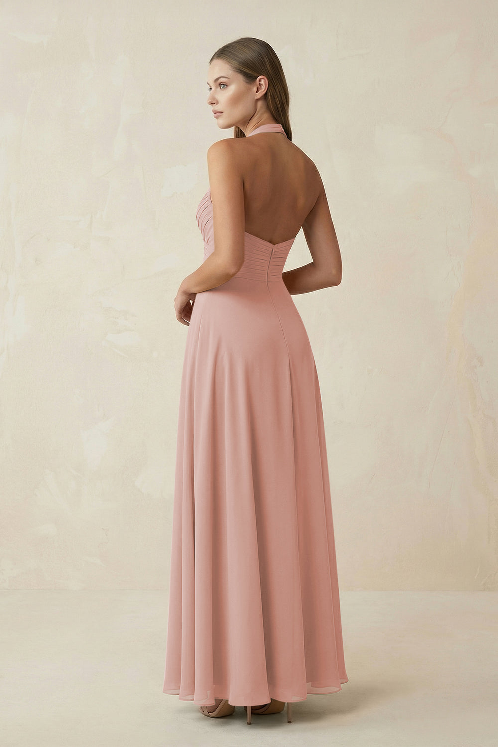 A-Line Pleated Chiffon V-Neck Bridesmaid Dress in English Rose